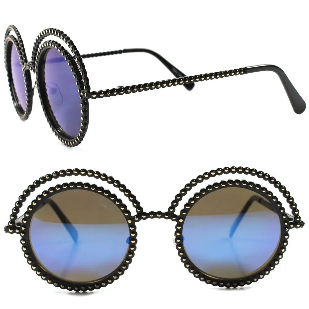 Elegant Celebrity Fashion Vintage Blue Lens Hot Womens Designer Round Sunglasses